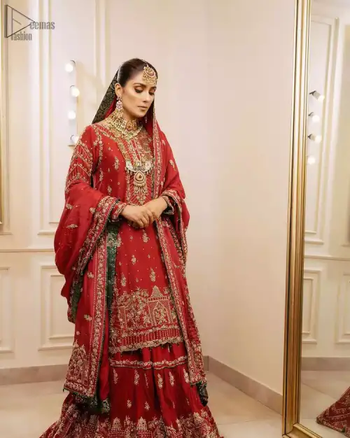 Deep Red Pakistani Bridal Wear Shirt, Gharara with Shawl.