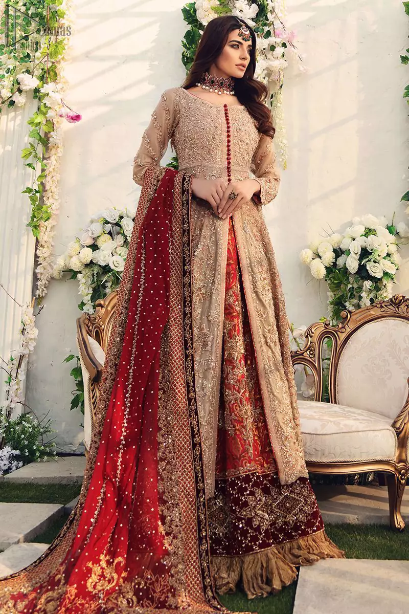 This outfit should be the next addition to your wardrobe. Gussy up the glamour with this intricately embroidered fawn ensemble. Fully embroidered bodice accentuated with floral motifs and finished with scalp borders. Look breathtakingly stylish in this embroidered fawn front open pishwas. Pair it up with red banarsi lehenga furnished with maroon velvet applique and frilled border.  While the red dupatta with heavy work completely goes with fawn colour. This elegant ensemble turns timeless piece into a chic fantasy.