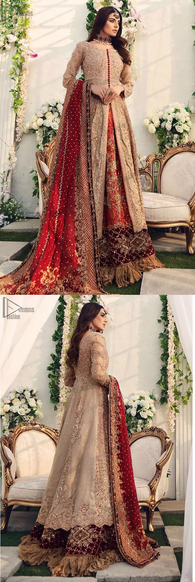 Gussy up the glamour with this intricately embroidered fawn ensemble. Fully embroidered bodice accentuated with floral motifs and finished with scalp borders. Look breathtakingly stylish in this Nikah wear embroidered fawn front open Pishwas. Nikah Wear - Red Lehenga - Fawn Front Open Pishwas.
