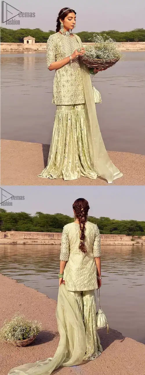 Glow up an evening formal event with a Light Parrot Green Gharara Shirt, a beautiful three-quartered sleeves shirt designed with