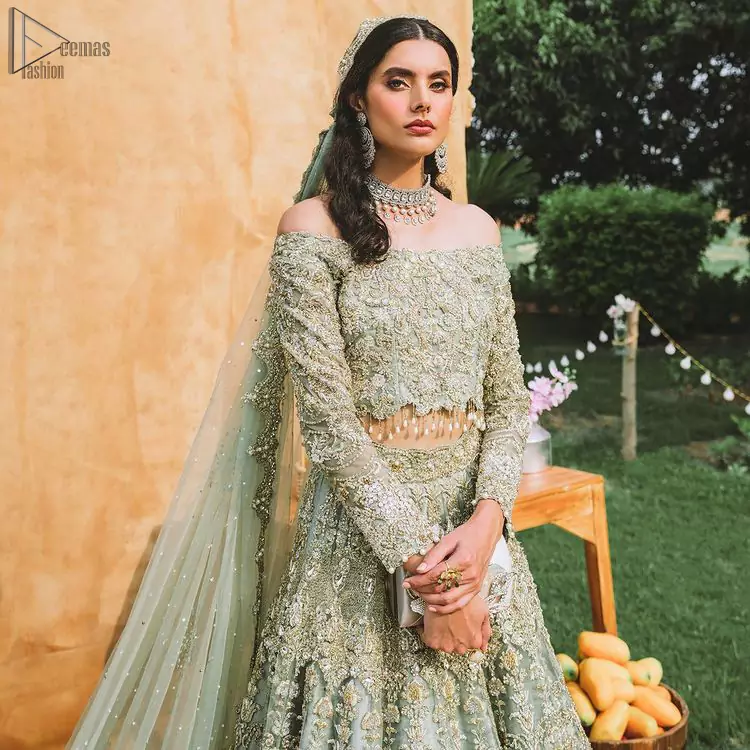 Enhance your beauty by dressing in magic. The most beautiful day of your life deserves an overall dome of perfection, which is why you need a Pastel Green Off Shoulder Blouse to make you look stunning as a bride. This fascinating full-sleeved attire comes with a graceful lehenga, both of which are made with the finest organza to comfort you and make you look fab. Adorned with sparkling pearls, tassels and embellished with silver and golden embroidery, this charming dress aims to glow with utmost perfection. A definite treat to your Nikkah or Walima.