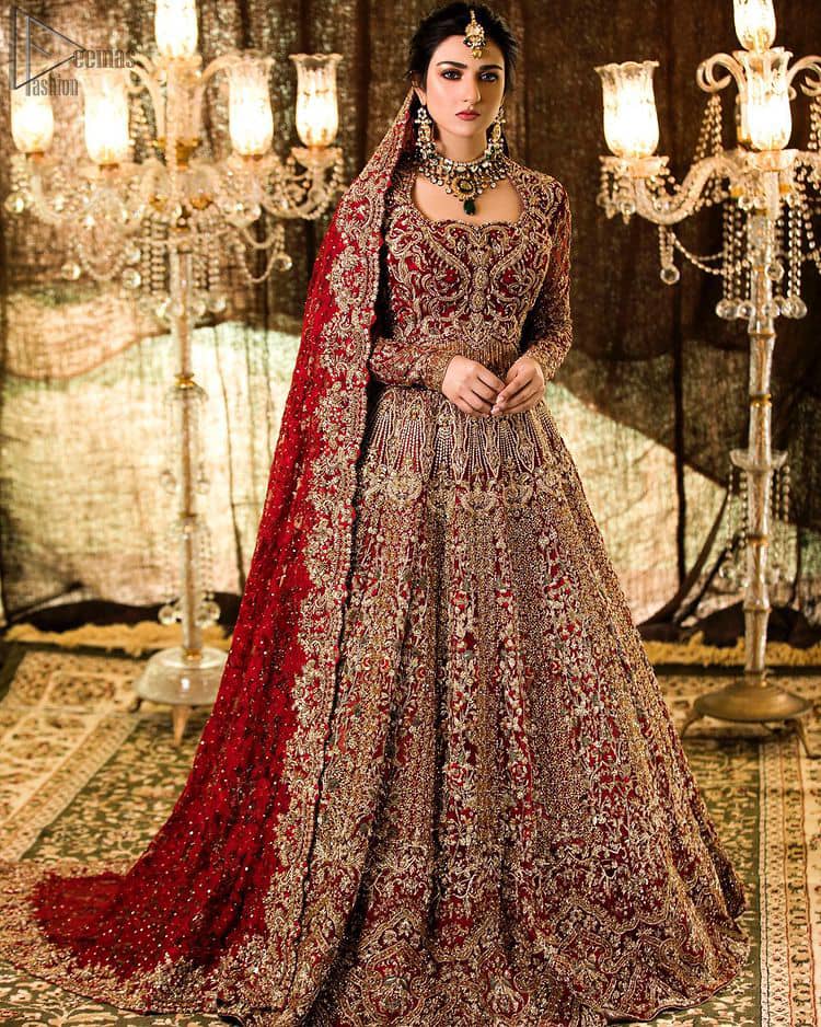 Pakistani Wedding Wear - Maroon Blouse Lehenga - Self Dupatta