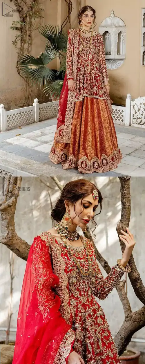 Red Bridal Peplum n Dupatta – Orange Lehenga. Red peplum with pure organza and fully engraved multi colour embroidery is