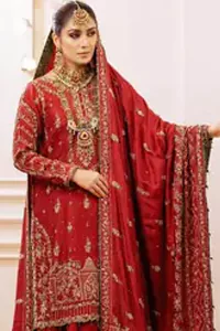 Deep Red Pakistani Bridal Wear Shirt, Gharara with Shawl.
