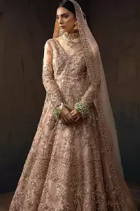 Pictured in a fabulous outfit, Chic and sophisticated perfectly describe this simply stunning wedding dress. The shirt is meticulously embellished with antique brass zardozi work. The sequinned whimsical florals embroidered across the flattering bodice in this ethereal gown is sure to turn heads in every room you walk into. Balance the look with a tea rose tissue lehenga. Pair it up with an organza dupatta which is sprayed with sequins glorifying its grace. Moreover, it is also enhanced with a four-sided embellished border that increases the enormous adornment of the whole outfit.
