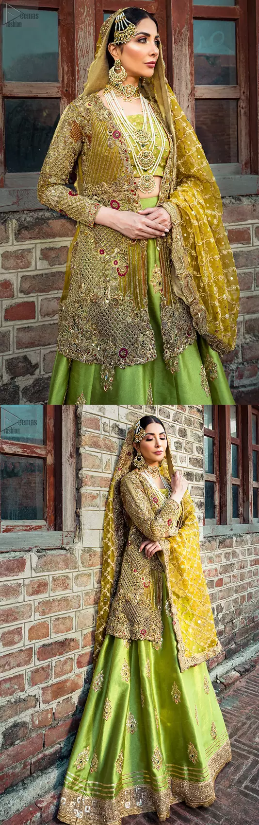 The traditional style of bridal wear always appears the most fascinating. Once worn with confidence, this admirable bridal wear will make you an embodiment of true beauty on your Mehendi Mayon. Bright Green Lehenga Blouse – Front Open Shirt.