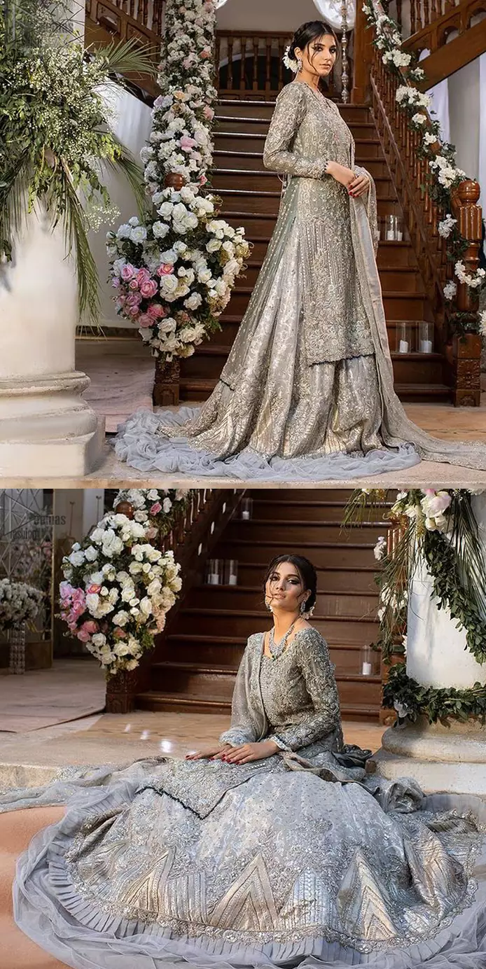 Gratifying yourself with the choice of the right dress is not always easy. But with a full-sleeved Gray Back Train Ruffled Lehenga Shirt, you would be more than pleased with your perfect decision. Marvellous back train, gorgeous round neckline, stunning frilled edges, outstanding geometric patterns and beautiful matching embellishment, this delightful Pakistani bridal wear is truly a progressive contribution to your decent personality. The dress code features a grey admirable shirt and dupatta made with pure organza, and a graceful lehenga made with katan banarsi jamawar. A concluding work of extreme exquisiteness in the shape of silver and gold embroidery over the Nikah dress, finally makes this attire ready to serve you with utmost satisfaction on your walima or nikah day.