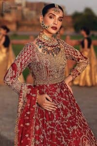 This full-sleeved red maxi is made with pure organza, perfected with silver and golden embroidery, adorned with sparkling pearls under a mesmerizing sweetheart neckline. Pakistani Bridal Wear Red maxi – Dupatta