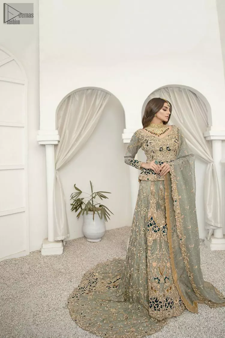 The grace attains due to its finest fabric being organza, the attire speaks for the worthiness of its wearer. Be the glamorous star of the night on your walima.