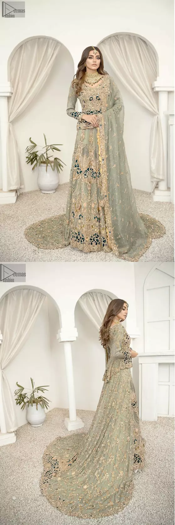  A mixture of royalty and traditional worthiness guarantees a ton of admirers, which is why the full-sleeved Pastel Green Back Train Lehenga is designed with a unique combination of gorgeousness and enchantment. With a fascinating back train, this ravishing bridal wear displays brilliant work of light golden embroidery under its V-neckline. The grace attains due to its finest fabric being organza, the attire speaks for the worthiness of its wearer. Be the glamorous star of the night on your walima. 
