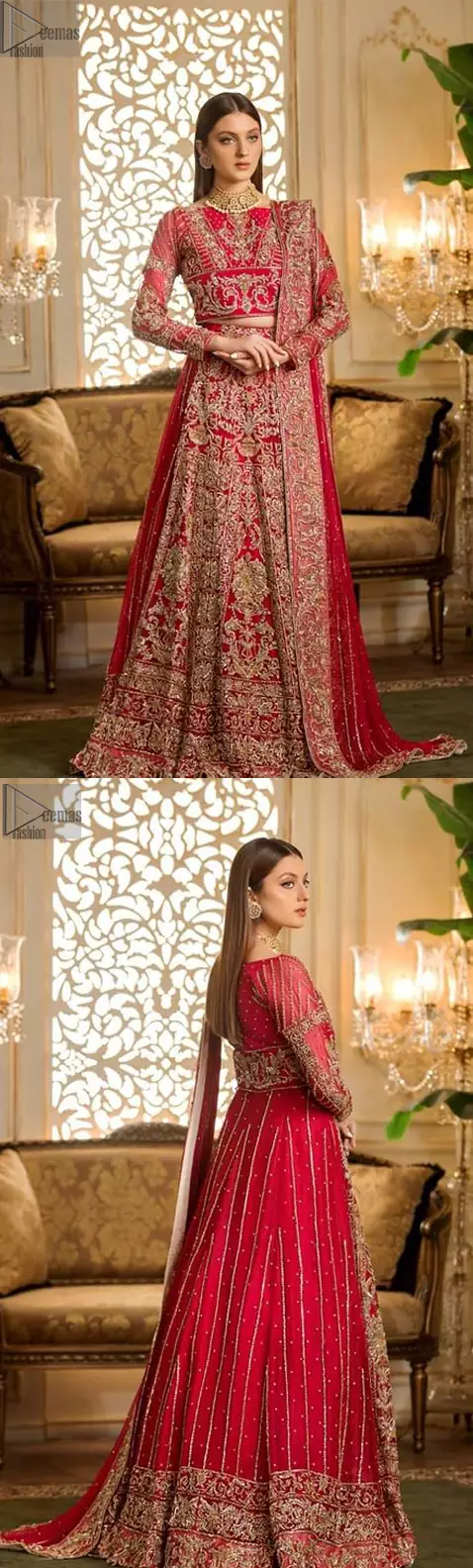 A unique jewel neckline contributes further to its worthiness, while the golden embroidery that the neckline follows speaks for its unparalleled charm and glory. On your reception day, let your persona flourish with the Red Lehenga Blouse, exquisite bridal wear made with the utmost supremacy. 
