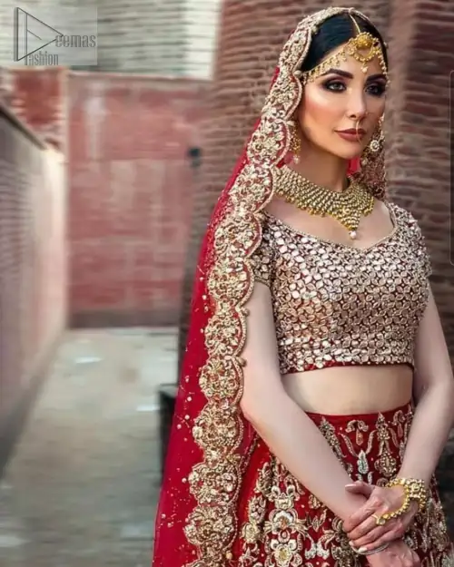 A red half-sleeved traditional Blouse Choli that is exceptionally made with pure organza, styled artistically with a back train, followed