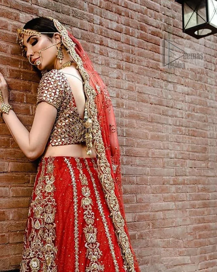 On your perfect day, let all admire your elegance with Red Ruffled Back Train Lehenga Blouse. A red half-sleeved traditional Blouse Choli that is exceptionally made with pure organza. Red Ruffled Back Train Lehenga Blouse – Dupatta.