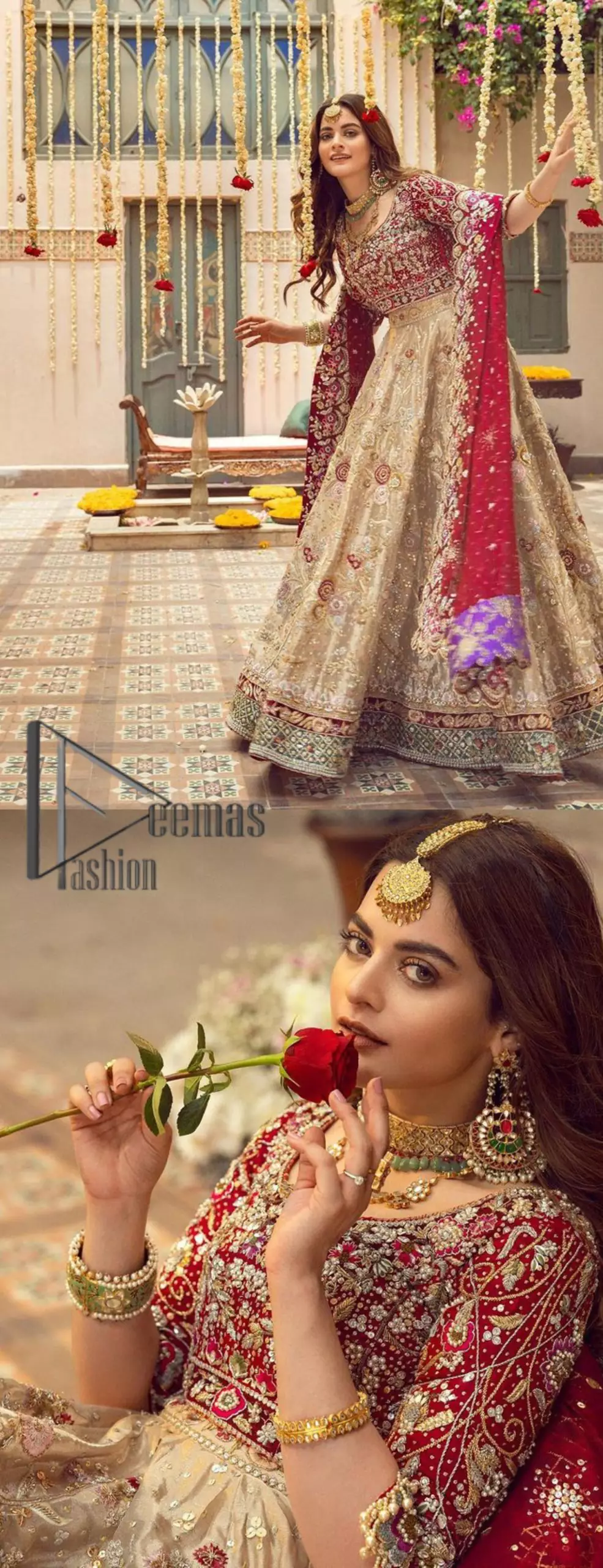 It's distinctive how the new-gen brides are welcoming red and beige shades for their bridal outfits as well. So Welcome your guest to this charming beige lehenga. The three quarter-sleeved Red Blouse got it all for you. In addition to this, the Beige lehenga has embellished border embroidery and floral embroidery in dabka, kora work that give the stunning look. Furthermore, it is enhanced with embroidered applique bottom. The organza red dupatta that has a scalloped applique border all around the edges makes the look complete and comprehensive.