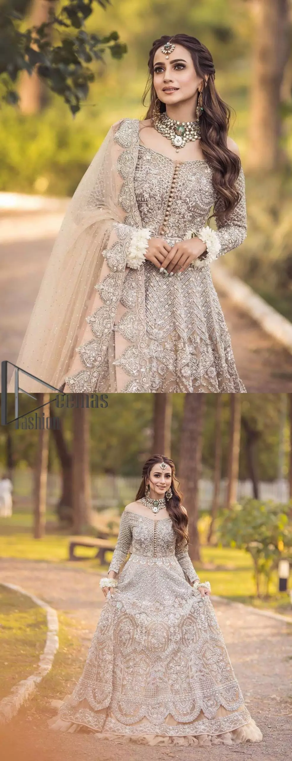 If you believed in mythical stories, shared all your secrets with glorious fairies and want to look like that mythical fairy on your reception then this Beige article is for you. This off-shoulder maxi is beautifully embellished with kora, dabka, tilla, sequins and pearls work, style up with remarkable full sleeves. Introducing this with a ruffled lehenga that looks super stunning and priceless. Followed with a net dupatta that is prominent with hand embellished borders and sequins spray all over that enhances the beauty of the outfit and give you a mythical fairy look as well.