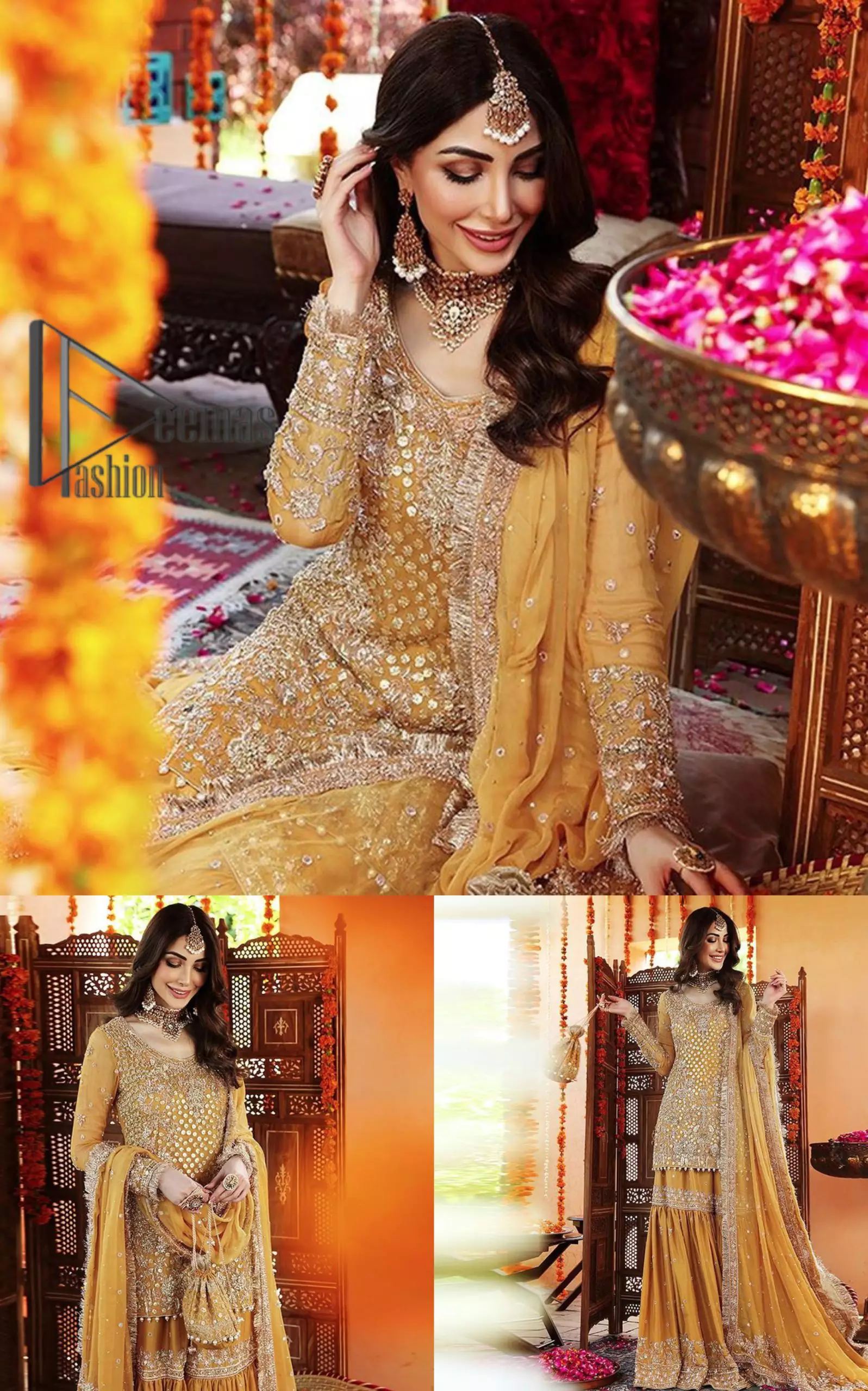 The shirt is the mirror of the mind and the dupatta confesses secrets of the heart. This mustard soft-toned article is highlighted with fascinating silver kora, dabka, and crystal work. The shirt is further enhanced your mayon look with a traditional round neckline and full sleeves. It is paired up with gharara that is prettified with priceless border embroidery. Finish this look with the same color dupatta that have four-sided embellished lace and Kiran. Further the sequins spray on the dupatta increases the beauty of the article which is every bride's dream.