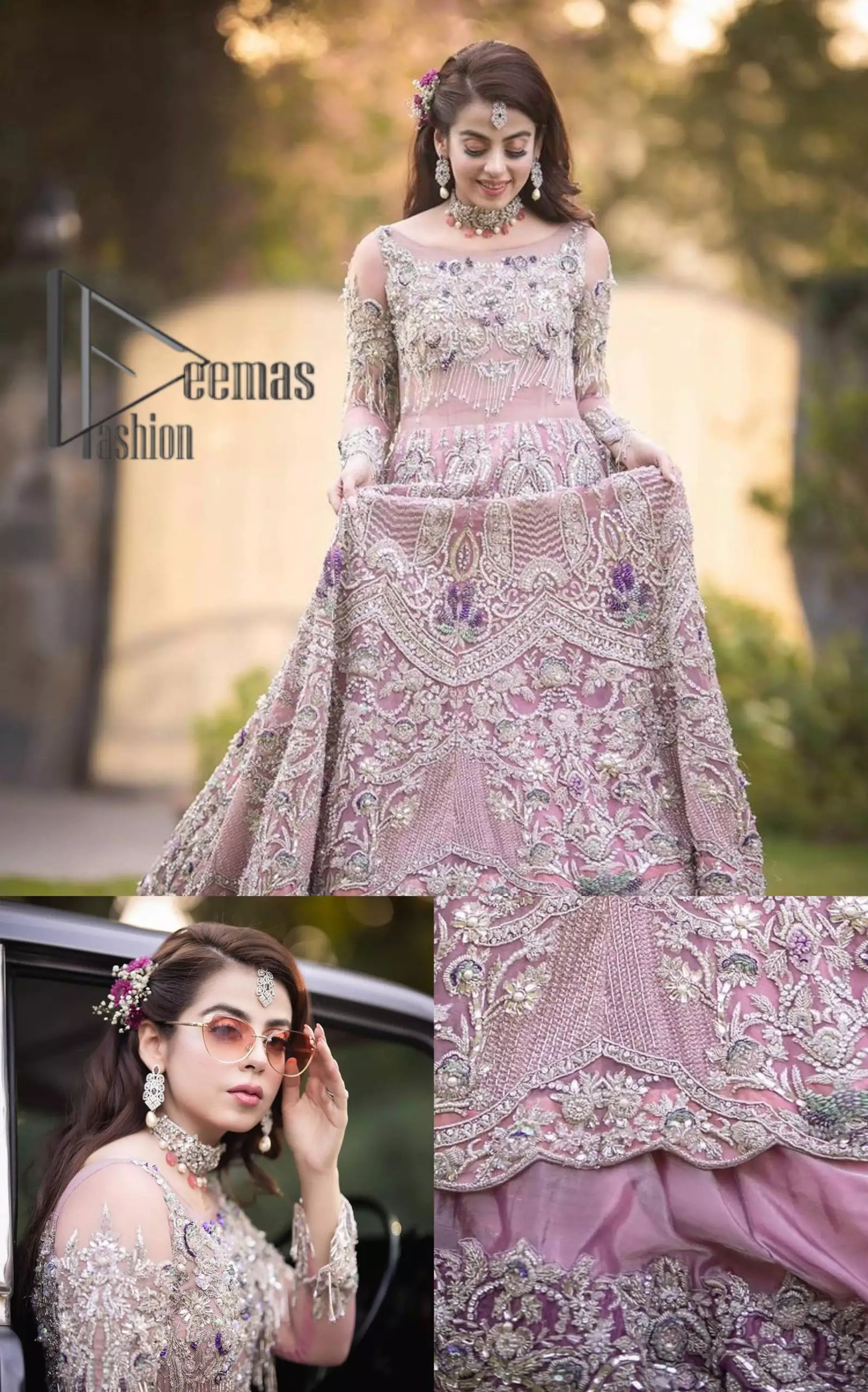 If you want to go high on the fashion charts then just go with this pink outfit of Deemas Fashion. This full sleeve pink pishwas is certainly any girl’s dream that is fully embellished with multiple colour thread embroidery and silver zardozi work that includes kora, dabka, and crystal work to get so cool look. Furthermore, the boat shape neckline of this pishwas is just increasing the focus of this article. It is synchronized with the back train frilled lehenga to enhance your beauty on any occasion.
