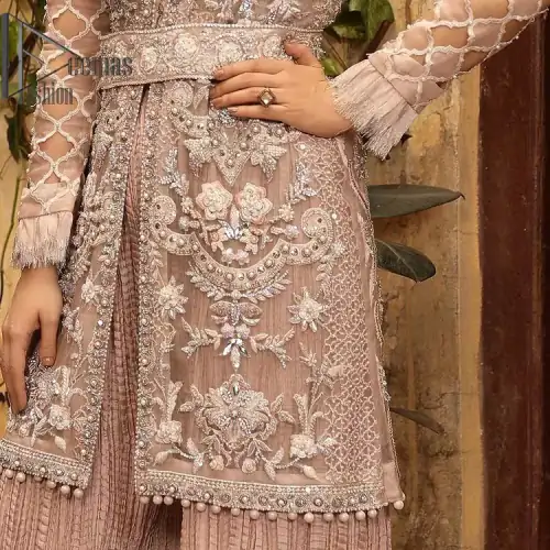 Nothing spells magic quite like a tea rose outfit on your big day. An engrossing shirt and crushed sharara style
