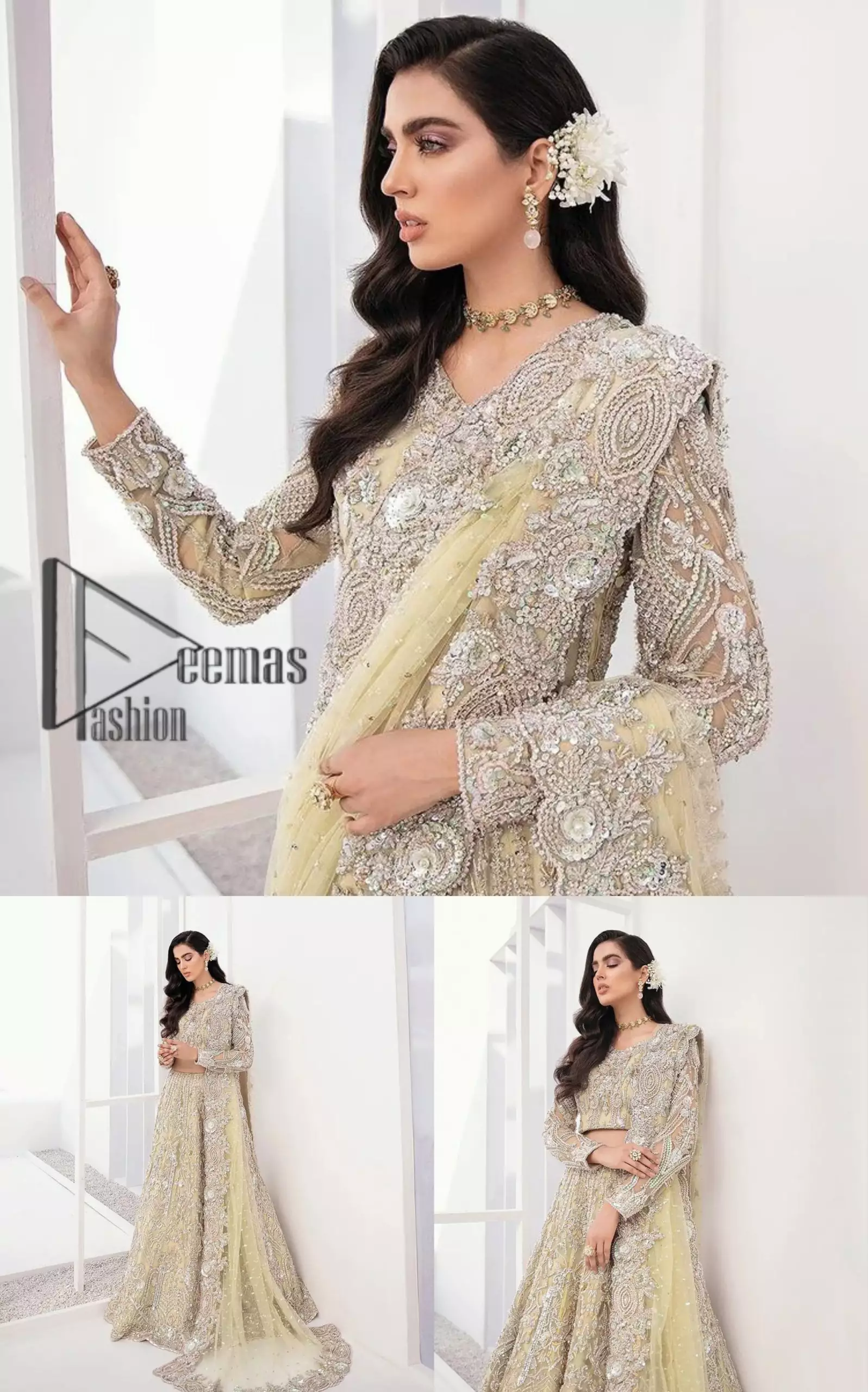 A dream come true for girls who love to play with their looks in a fashionable look. We don’t even miss adding the finest details to our outfits so that’s why the blouse is embellished with silver embroidery that involves kora, dabka, and tilla work to shoot up the first-rate look. Furthermore, the full sleeves of blouse and round neckline gives so splendid look when comes together.Gracefully, It is pair up with stunning and beautifull vanilla lehenga to fulfill your dream. Finish this look with dupatta that is embellished with four-sided borders and sequins spray all over to give you a fashionable look.
