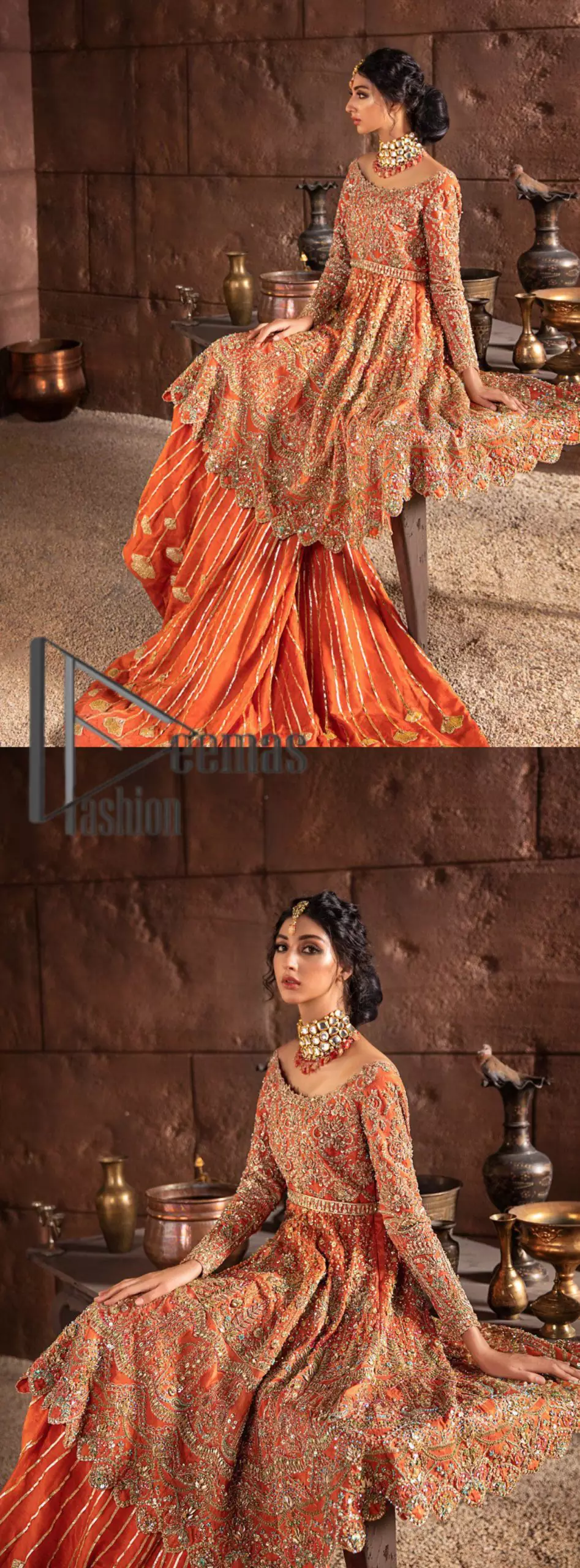 Fall in love with elements of detailing. Embrace your Mehandi style story with this orange attire serving vogue at its best. This orange frock is attractively adorned with golden embroidery that is further highlighted with kora, dabka, tilla, and antique work. And the scalloped border of the frock is just amazing so you can steal everyone’s heart. In addition to this when the boat shape neckline combines with full sleeves it gives a super aesthetic scene. It is beautifully paired up with back train sharara that makes you a focus star of the day.
