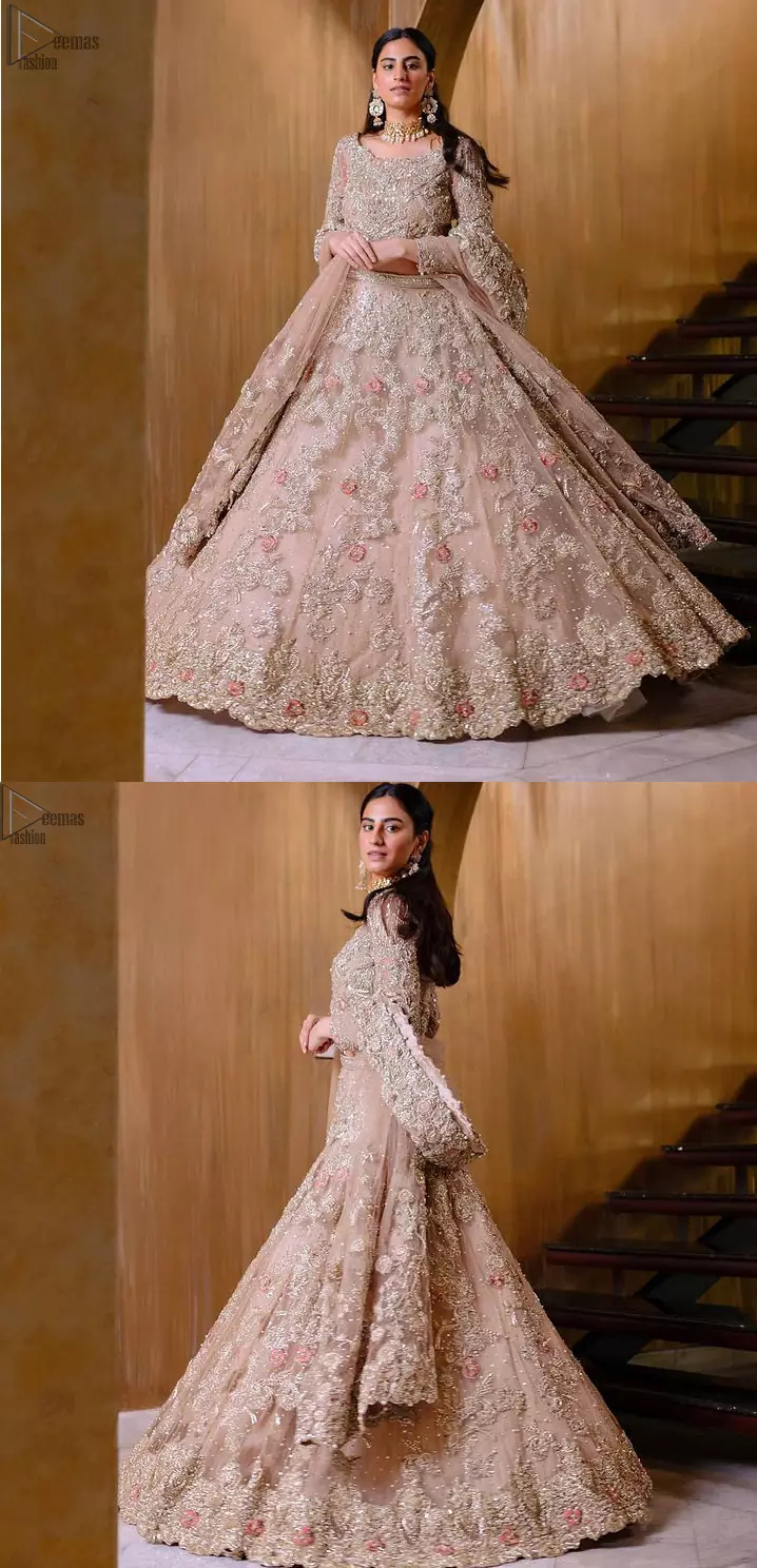As a symbol of intense beauty and delicacy, our professional designers symbolized rose with the Tea Rose Lehenga Blouse due to its rose-like elegance and charm. An exceptionally ravishing bridal wear, specially designed in full sleeves and a graceful round neckline to give it a marvellous traditional sense. A glamorous work of silver and gold embroidery and adornment of meritorious floral motifs contributes to the supremacy of this admirable attire. The dress is made with the purest organza and follows a lehenga and a gorgeous net dupatta, finally concluding the stunning dress code and setting the dress ready for your Walima.
