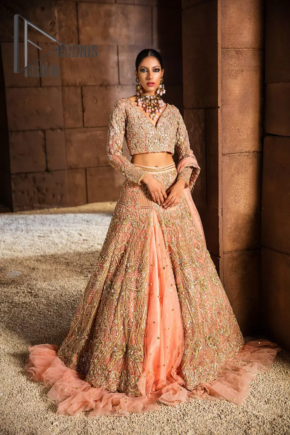 Embroidered Net Lehenga in Peach : LQY588