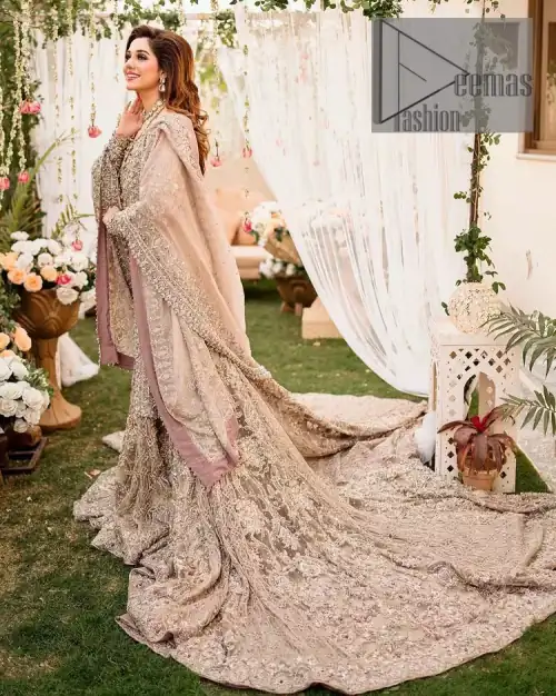 Embrace happiness on your Walima in the colour of beige-pink along this dreamiest fairy tail maxi. The floral fusion of