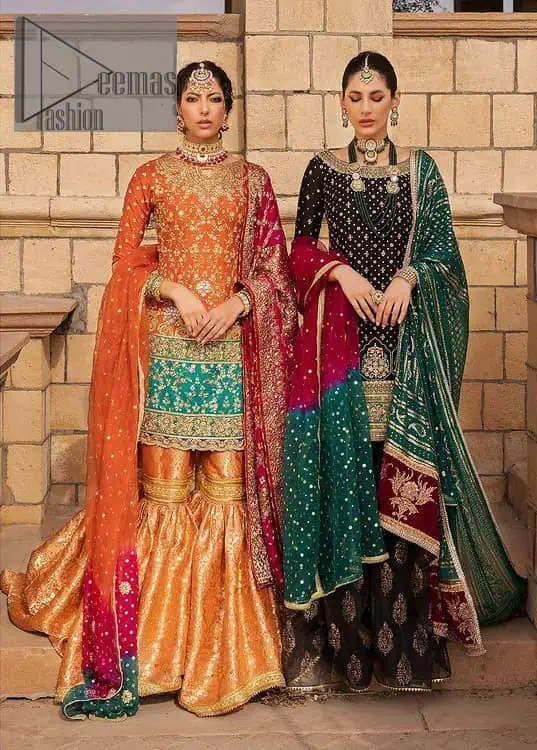 The perfect combination of crazy black with ever so classic green. Stunningly embrace you with a black shirt which is beautifully decorated with golden embroidery so you can wear it at any night and day dazzling event. It involves kora, dabka and Kundan work to escalate the beauty of the outfit. Further, the boat shape neckline amplifies the point of view when together with full sleeves. It is coordinated with black gharara that is enhanced with floral motifs all over. Finish this article with a green dupatta that is adorned with sequins sprayed all over. You can also carry a chaddar of green colour with this outfit.