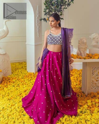 The magenta and purple imitation of traditional crafted patterns on the luxury outfits. The beautiful purple blouse is rendered with handsome silver embellishment. It is highlighted with kora, dabka, crystal and zardozi embroidery. The sleeveless style gives an attractive layer when comes with a strap neckline. The following shirt comes with an intricately embellished magenta can can lehenga to embrace the superstar look. Complete this article with an exquisite purple dupatta adorned with a lushly encrusted border. The beautiful frill in the same hue is also attached.
