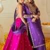 The magenta and purple imitation of traditional crafted patterns on the luxury outfits. The beautiful purple blouse is rendered with handsome silver embellishment. It is highlighted with kora, dabka, crystal and zardozi embroidery. The sleeveless style gives an attractive layer when comes with a strap neckline. The following shirt comes with an intricately embellished magenta can can lehenga to embrace the superstar look. Complete this article with an exquisite purple dupatta adorned with a lushly encrusted border. The beautiful frill in the same hue is also attached.