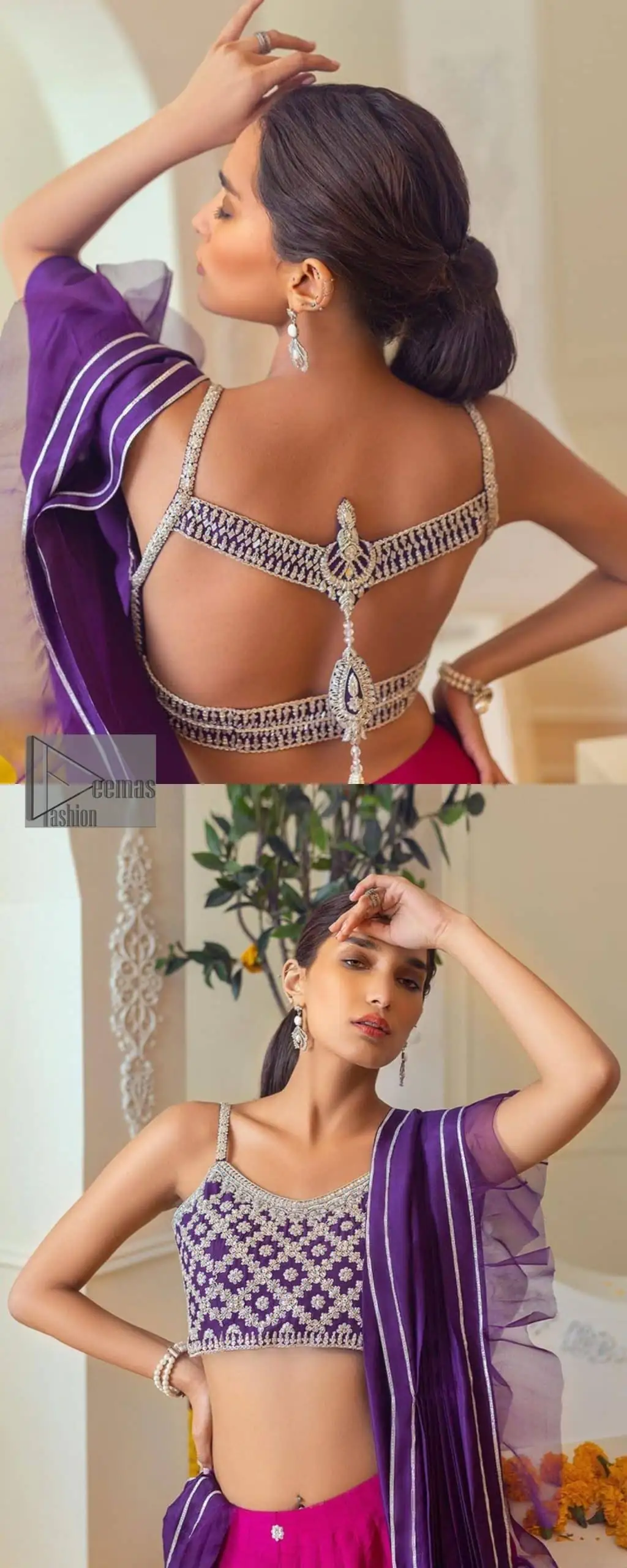 The magenta and purple imitation of traditional crafted patterns on the luxury outfits. The beautiful purple blouse is rendered with handsome silver embellishment. It is highlighted with kora, dabka, crystal and zardozi embroidery. The sleeveless style gives an attractive layer when comes with a strap neckline. The following shirt comes with an intricately embellished magenta can can lehenga to embrace the superstar look. Complete this article with an exquisite purple dupatta adorned with a lushly encrusted border. The beautiful frill in the same hue is also attached.