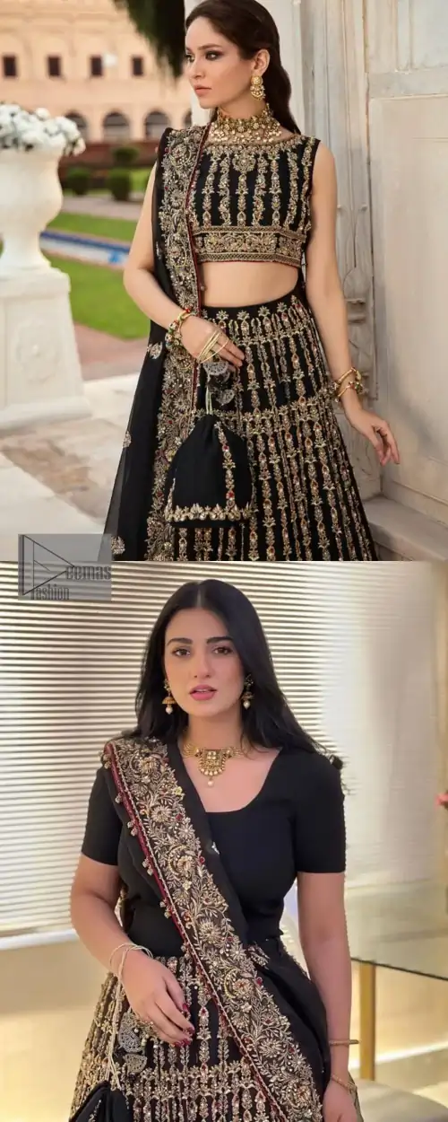 Black is the second way to show romanticness. This black article is attractively rendered with golden embroidery in which details