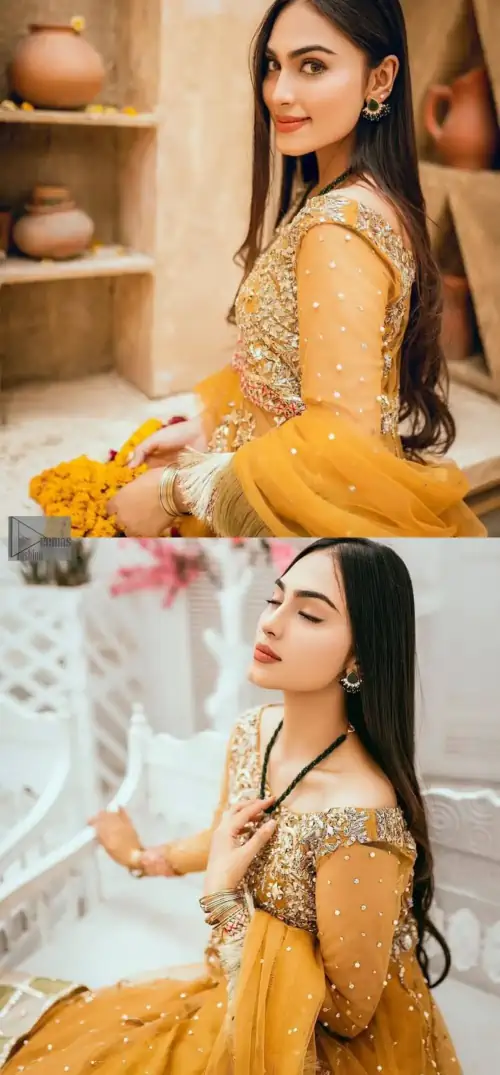 Mustard is just associated and boosts your Mehandi.  Presenting a dreamy mustard frock with a heavily embroidered bodice on a