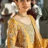 DeemasFashion introduces a Mustard short shirt and Sharara as Mehndi wear. A Short shirt featuring a stunning front, full sleeves, and remarkable embroidery on a round neckline, initiates the attractiveness of this dress. Mustard Short Shirt Sharara as Bridal Mehndi Wear.