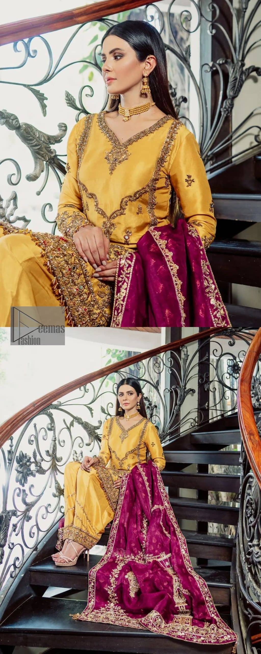 Yellow has the ability to take all the attention. Deemasfashion presents a yellow and pink outfit for your Mehandi. Starting this article with a yellow shirt that is handsomely decorated with golden embroidery and prominent with tilla, dabka, kora and zardozi to make your look super unique and perfect. Further, the following shirt is paired up with yellow straight trousers whose border is again rendered with golden embroidery. Complete this article with a magenta dupatta embellished with intimate border embroidery to gain all the attention of the event.