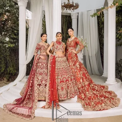 Feels just redish on your Big day to make your day lovely and romantic. DeemasFashion presents this Pakistani reception wear for you in bright red colour which begins with a flared back train maxi. The maxi is attractively and laboriously adorned with golden embroidery that enhances tilla,dabka, kora and Kundan. In addition to this, the boat shape neckline intensifies the beauty of this Pakistani reception wear when comes with full sleeves. The flared back train of the maxi is also heavily embellished. Complete this article with a dupatta in the same colour which is adorned with four-sided borders and tiny floral motifs, sequins spray all over to make you fresh on your Big day.