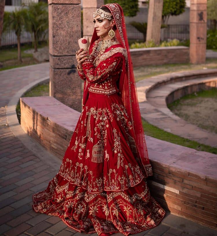 Take off that shyness and wear some deep red reception dress. DeemasFashion presents a very unique reception dress in deep red colour which is starting from a deep red blouse style up with a boat shape neckline and full sleeves to give you a romantic look. Further, it is prominent with golden embroidery which involves tilla, dabka, kora and crystal all over. It is systemized with a double-layer lehenga having lovely heavy embroidery to increase your handsome number. Complete this reception wear with a dupatta which is sprinkled with sequins all over it. It is further furnished with a four-sided scalloped border.