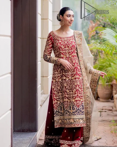 Embrace yourself with deep red on your big day. This deep red long shirt is meticulously hand-rendered with light golden