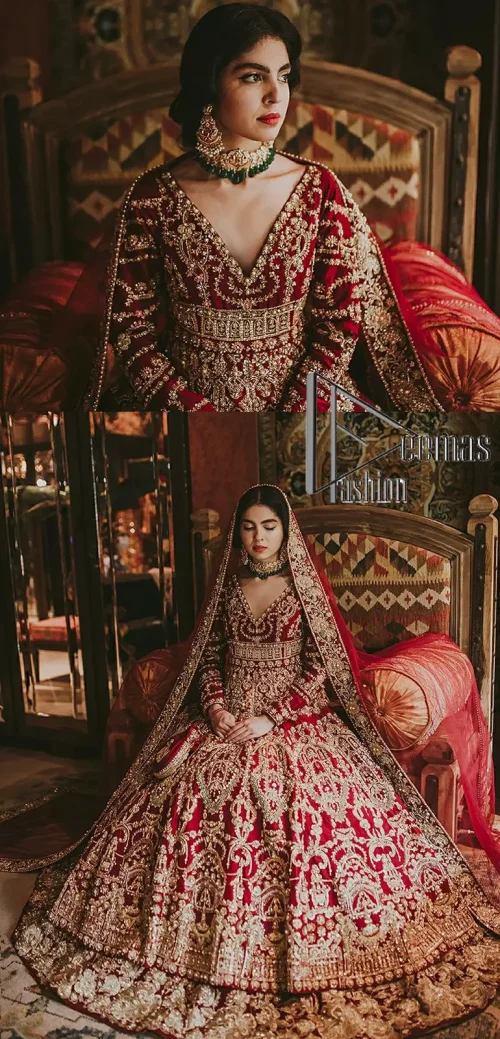 Deep red on Big day is just associated with love and romance. The deep red panelled frock is beautifully decorated