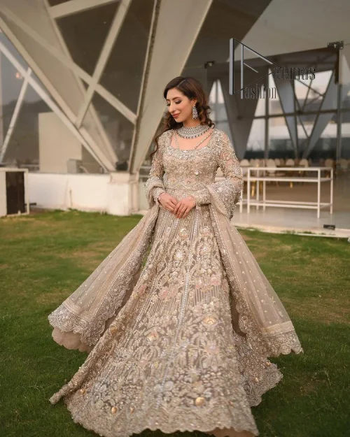 Start your new life by wearing DeemasFashion. Make your moment more memorable with light fawn heavy maxi nikah wear which