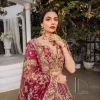 Make your day more lovely by wearing maroon colours. Maroon is just the star among all colours for the bride's Big day. So, DeemasFashion presents this maroon Pakistani reception outfit which begins with a traditional blouse that is meticulously adorned with light golden embroidery. Further, it is enhanced with tilla, dabka, kora and zardozi to make your day more remarkable. The three-quarter sleeves of the blouse add more beauty to this outfit. This Pakistani reception outfit is paired up with a can-can lehenga which is again heavily ornamented with light golden embroidery. Finish this article with a dupatta that is embellished with a four-sided border to fulfil your artistic look.