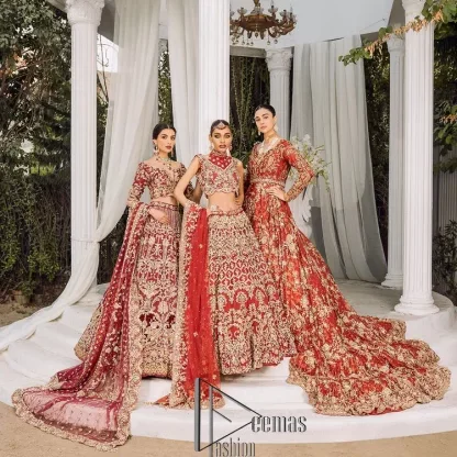 Make your day more lovely by wearing maroon colours. Maroon is just the star among all colours for the bride's Big day. So, DeemasFashion presents this maroon Pakistani reception outfit which begins with a traditional blouse that is meticulously adorned with light golden embroidery. Further, it is enhanced with tilla, dabka, kora and zardozi to make your day more remarkable. The three-quarter sleeves of the blouse add more beauty to this outfit. This Pakistani reception outfit is paired up with a can-can lehenga which is again heavily ornamented with light golden embroidery. Finish this article with a dupatta that is embellished with a four-sided border to fulfil your artistic look.