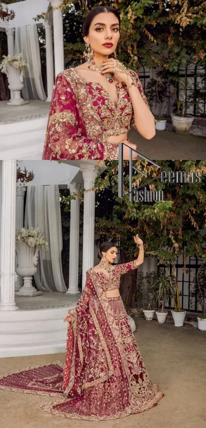 Make your day more lovely by wearing maroon colours. Maroon is just the star among all colours for the bride's Big day. So, DeemasFashion presents this maroon Pakistani reception outfit which begins with a traditional blouse that is meticulously adorned with light golden embroidery. Further, it is enhanced with tilla, dabka, kora and zardozi to make your day more remarkable. The three-quarter sleeves of the blouse add more beauty to this outfit. This Pakistani reception outfit is paired up with a can-can lehenga which is again heavily ornamented with light golden embroidery. Finish this article with a dupatta that is embellished with a four-sided border to fulfil your artistic look.