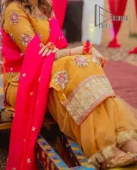Mustard Shirt  Gharara – Pink Dupatta - Image 6