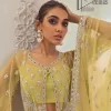The love we share will make her mehndi day super duper amazing. This mehndi wears an olive front open shirt which is laboriously hand-rendered with a silver embroidery involving tilla, dabka, kora and Sitara. Further, the sweetheart shape neckline fulfils the dreamy look of the bride when comes with cape sleeves. The following shirt of mehndi wear is systemized with crushed sharara which is so simple and unique. Finishing this mehndi wear with a pleated dupatta that is maintaining a balance between outfits.