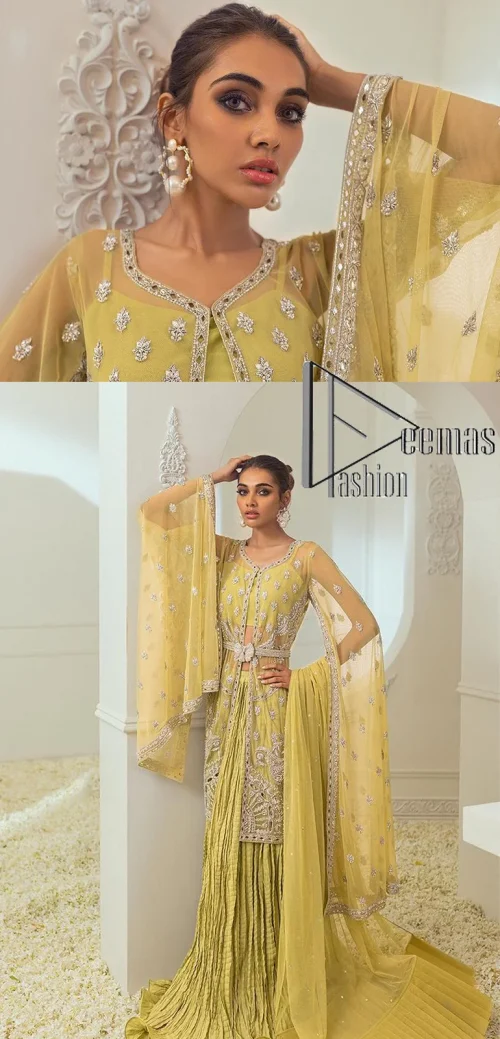 The love we share will make her mehndi day super duper amazing. This mehndi wears an olive front open shirt