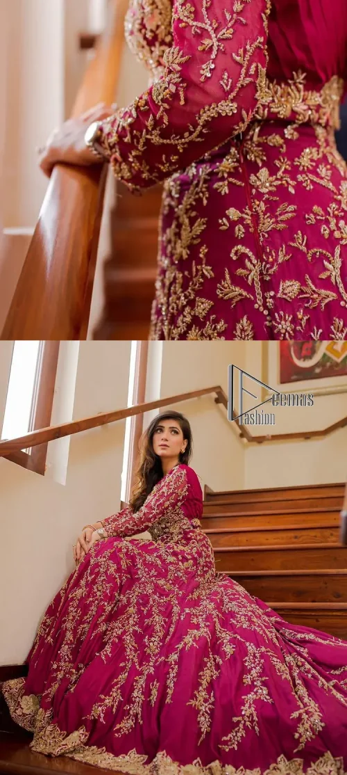 Stripes are the new pinky vibes. Introducing the Pakistani walima dress in the shade of shocking pink. This easy-breezy, romantic