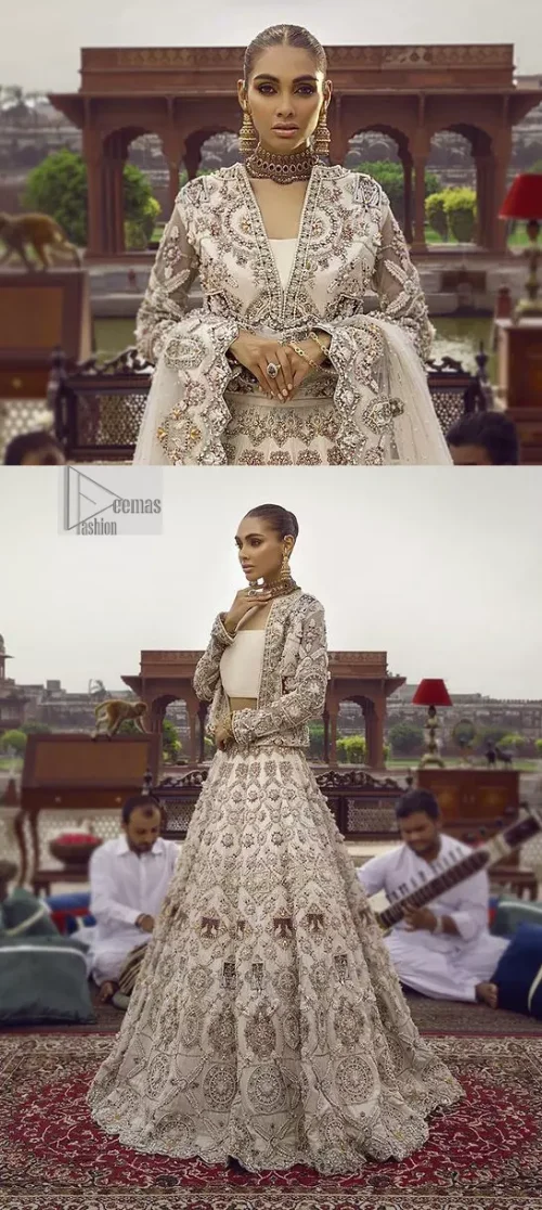 This vibrant canvas is all your brides need to cheer in at your special Nikah moments. A beige white blouse