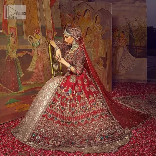 Stun in this classic canvas with crimson maroon adornment at your reception. DeemasFashion presents this outfit which begins with a