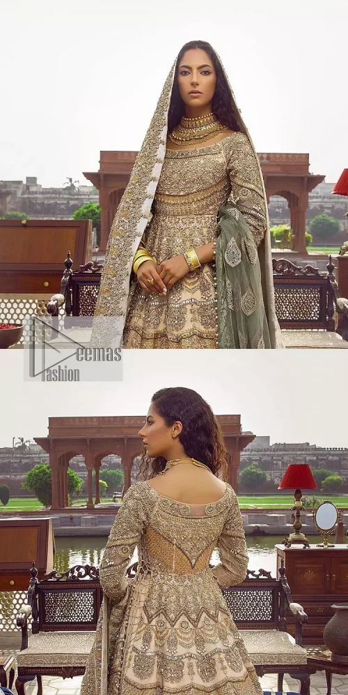 Capturing the essence of modernity on your Nikah with this ivory article. DeemasFashion presents this frock which is intricate with